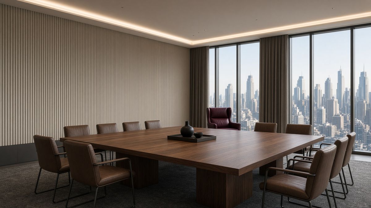 Completed commercial boardroom with timber ceiling detail and glazed partitions