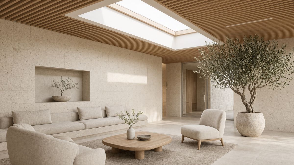 Bright clinical waiting area with warm timber seating and soft lighting