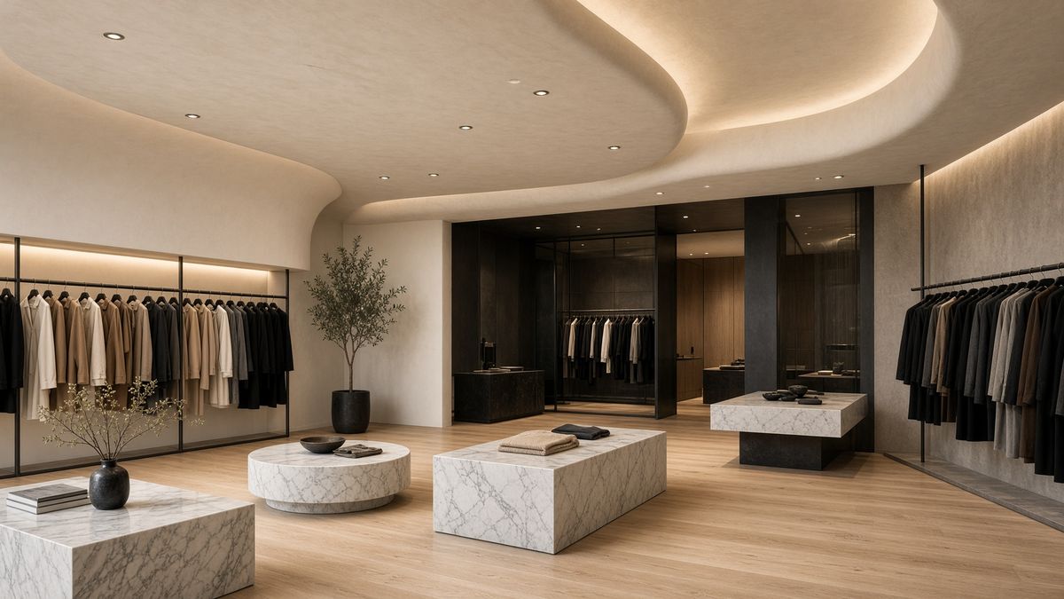 Retail interior with pale timber display fixtures and directional lighting