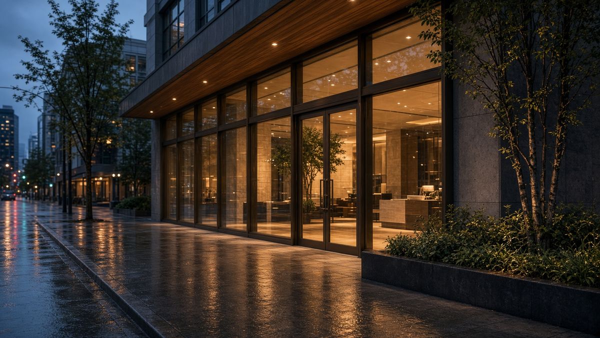 Completed commercial storefront and glazing lit at dusk